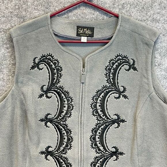 BOB MACKIE Wearable Art Women’s 2X Gray Black Vest Embroidered Full Zip Fleece - Picture 2 of 14